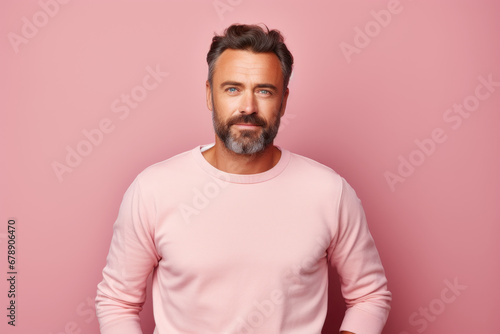 A man in casual attire, exuding confidence against a pastel background, challenging traditional notions of sophistication. Concept of relaxed style and individuality. Generative Ai.