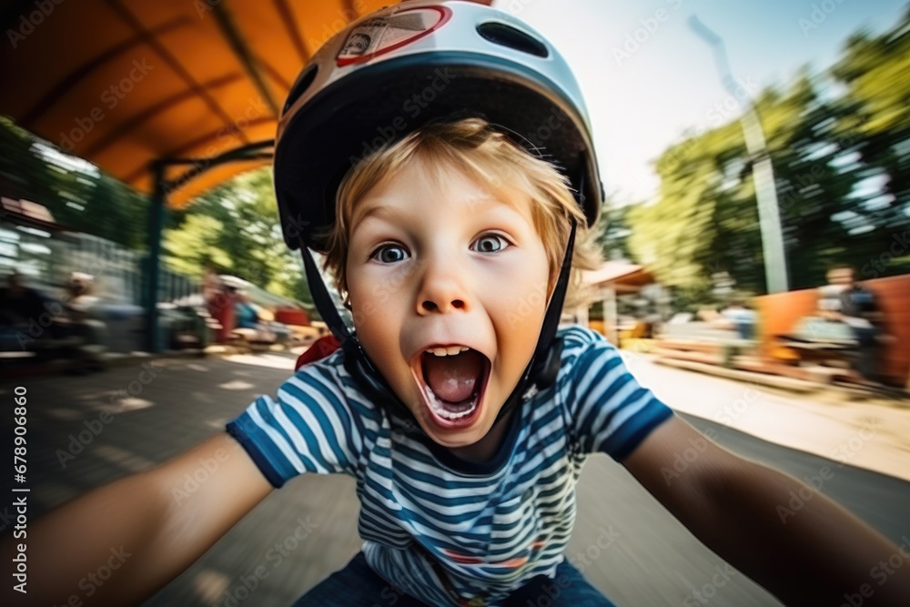 Fototapeta premium Cheerful kid riding a bicycle on a summer day