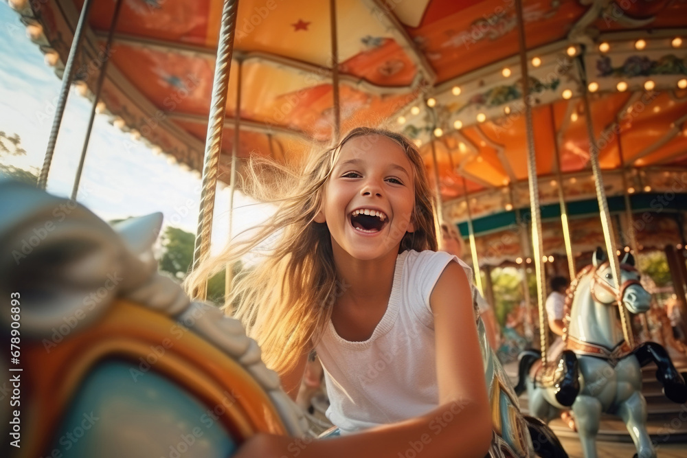 Cheerful kids riding an amusement ride on a summer day