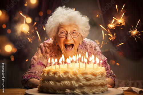 Happy cheerful senior woman with birthday cake with many candles