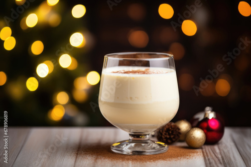Traditional Christmas drink eggnog with grated nutmeg and cinnamon