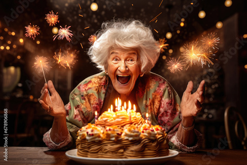 Happy cheerful senior woman with birthday cake with many candles photo