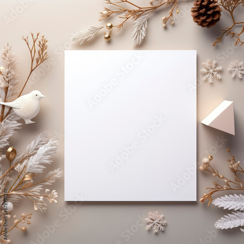 Photo frame mockup with place for text, layout, top view. Minimal background, Christmas. AI generated.