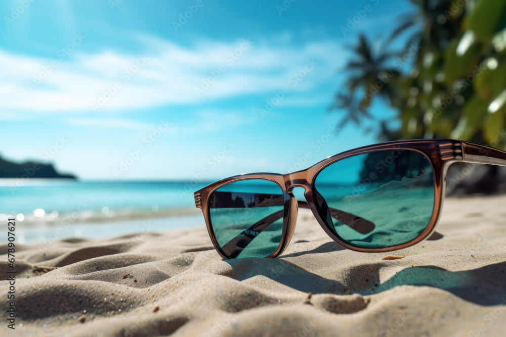A pair of stylish sunglasses resting on a sandy beach, capturing the essence of a relaxing vacation. Concept of leisure and travel. Generative Ai.
