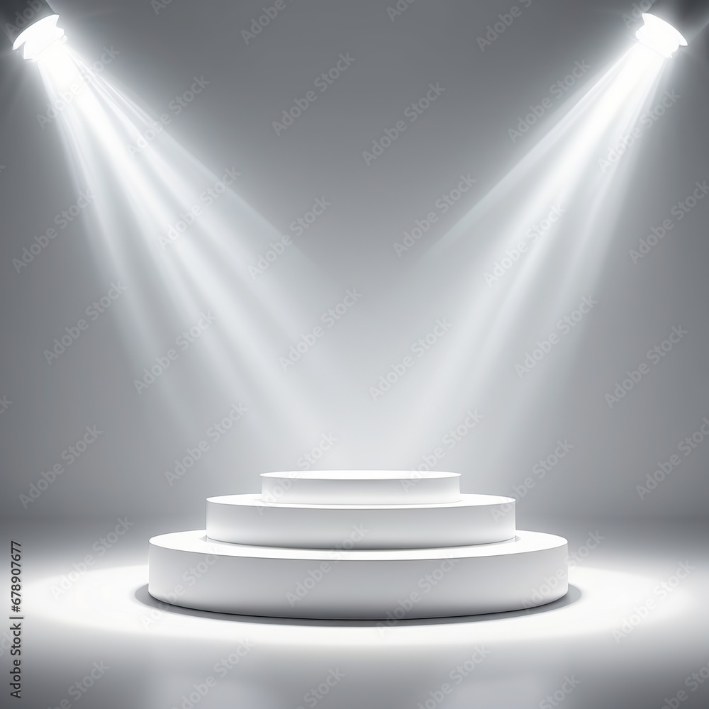 Obraz premium generative ai. A white podium under the spotlights on a solid gray background. Spherical podium of steps for product presentation and advertising.