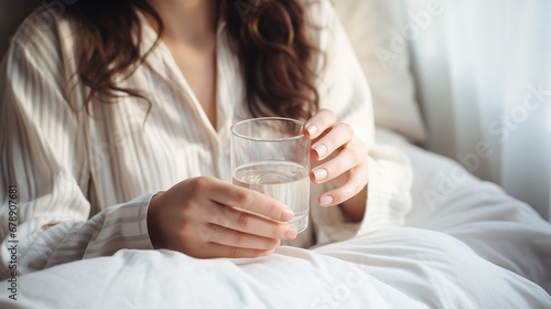 Woman in bed holding a glass of water in hand. Happy morning. Girl in pajamas. Healthy lifestyle, wellness. Drinking water. Morning with water. Sunlight on linens. Pillow, blanket. Generated AI