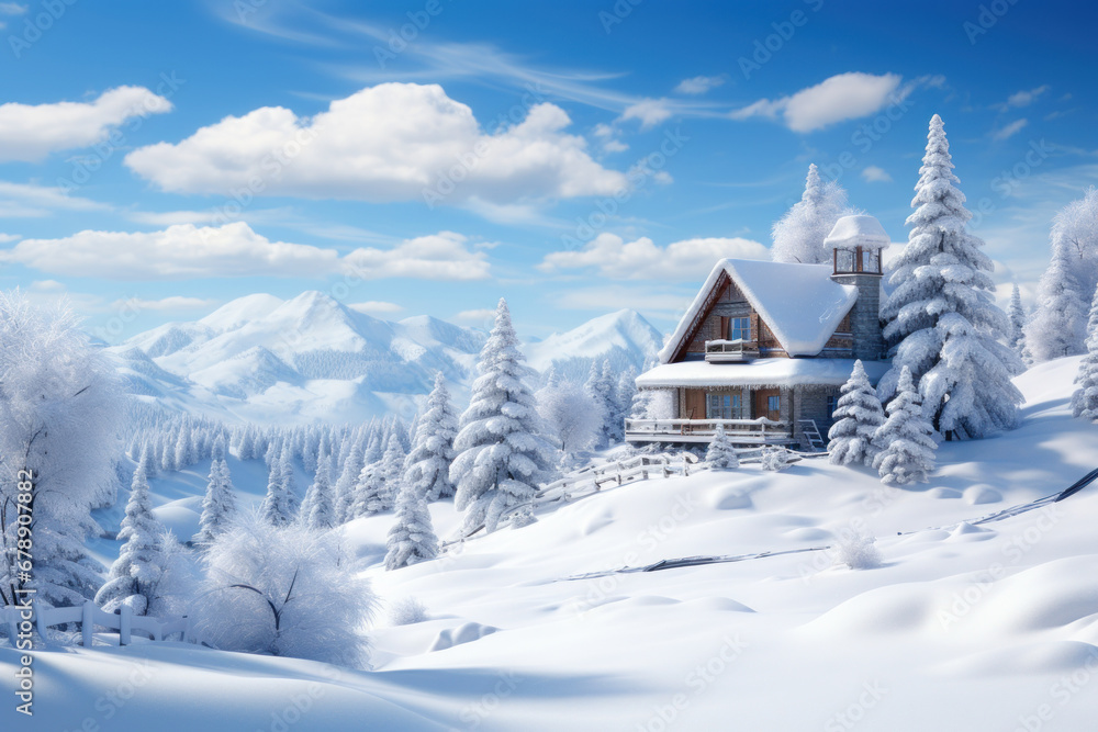 A snowy winter landscape with evergreen trees and a charming wooden cabin, evoking the serenity and magic of a white Christmas. Generative Ai.