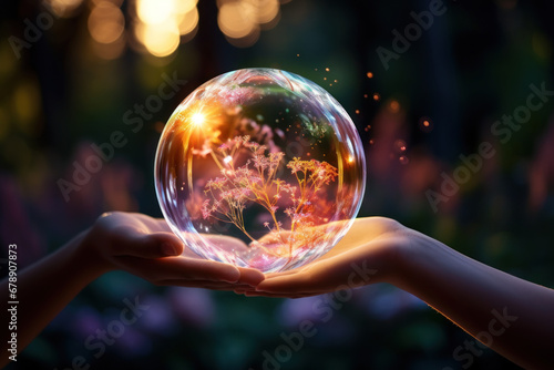 A pair of hands holding a delicate soap bubble, capturing the fleeting beauty and fragility of life. Concept of transience and wonder. Generative Ai.