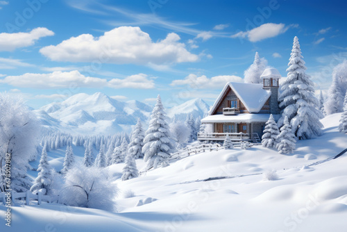 A snowy winter landscape with evergreen trees and a charming wooden cabin, evoking the serenity and magic of a white Christmas. Generative Ai. © Sebastian