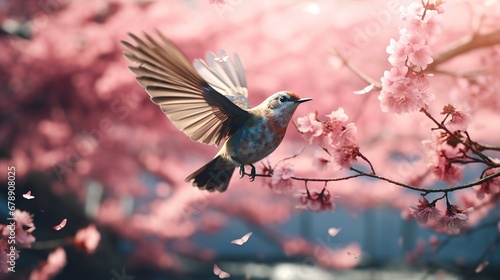 Spring Bird Flying Towards Flower-Covered Tree © Asad