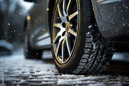 A close-up perspective captures car tires in winter as they navigate snowy roads. This scenario highlights the importance of winter tires. Generative Ai.