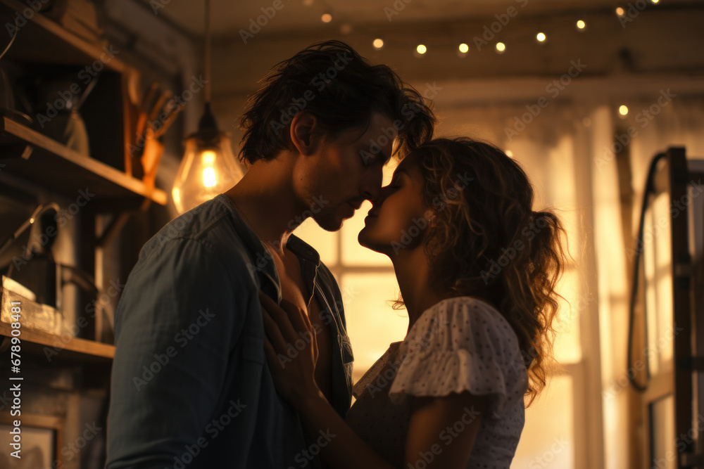 A loving couple shares a passionate kiss on a bedroom at home, embodying the warmth of their romantic relationship. Generative Ai. A loving couple shares a passionate kiss on a bedroom at home, embodying the warmth of their romantic relationship. Generative Ai.