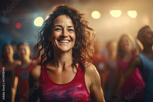 A middle-aged woman demonstrates her active lifestyle by engaging in a zumba dance session with friends in a fitness studio. Generative Ai.