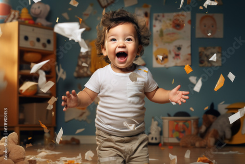 A cute and hyperactive white toddler playfully misbehaves by tossing items around in a studio setting, offering a glimpse of youthful exuberance. Generative Ai. photo