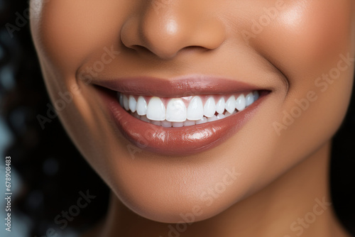 A close-up portrait features a beautiful young African American model woman who exudes confidence  wearing a smile that accentuates her clean teeth. Generative Ai.