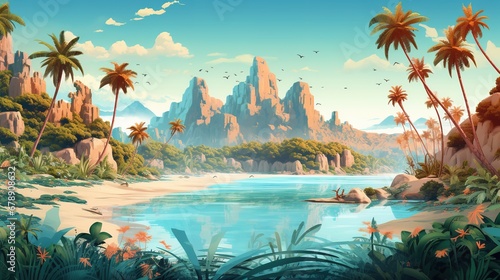 Tropical Island Illustration in Vibrant Colors