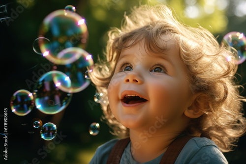 An inquisitive toddler gazes in wonder at a mesmerizing bubble as it floats by during a summer afternoon in the park. Child and soap bubbles. Generative Ai.