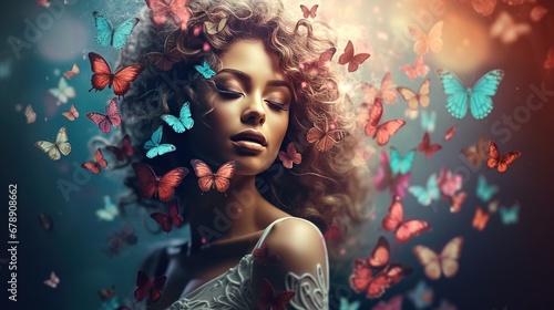 Vintage Image Of Color Faded Woman With Butterflies 
