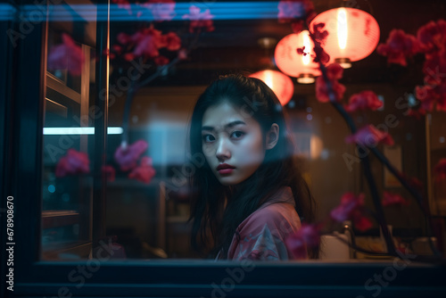 Mystical Moments: Thoughtful Asian Girl Gazing Through Restaurant Windows