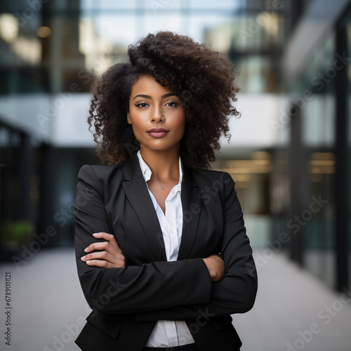 Young happy african american professional business woman, happy confident positive female entrepreneur standing outdoor on street arms crossed, looking at camera. Female leadership. Generative AI