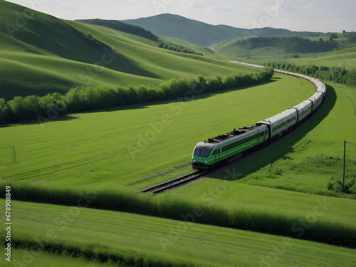 Tren en una vía viajando por un campo verde con montañas en un día soleado photo