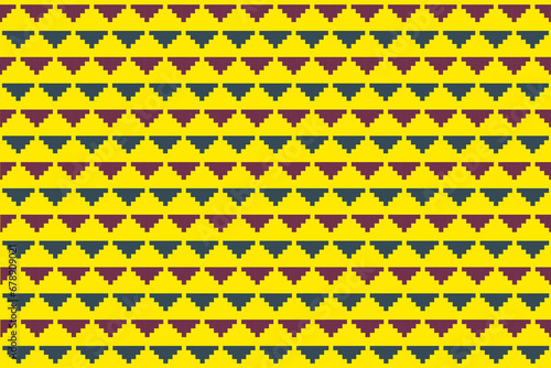 Geometric green and crimson triangle embroidery pattern, yellow background.vector, design