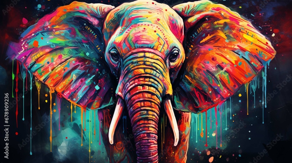 Colorful painting of a elephant with creative abstract elements as background. create using a generative AI tool 