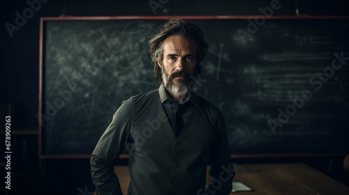 Teacher in Front of a Blurred Blackboard. create using a generative AI tool 