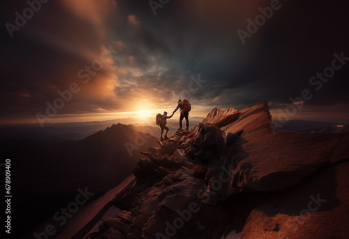 Help and success concept. Two men on the top of mountain. Hiker helping his friend reach the mountain top. Created with Generative Ai.