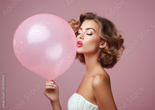 Beautiful young woman in an elegant dress surrounded by pink balloons, in front of a pastel pink background