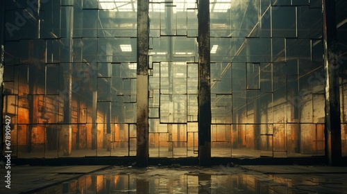Old factory warehouse grid windows with broken glass. create using a generative AI tool 