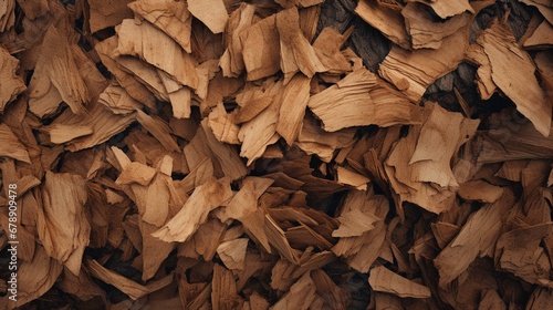 Top view of wood chips on the ground. create using a generative AI tool 