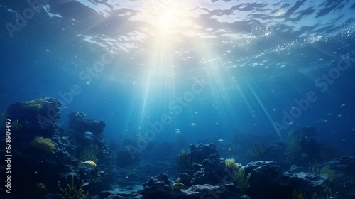 Under the sea background clipart shows light rays underwater ocean floor. create using a generative AI tool 