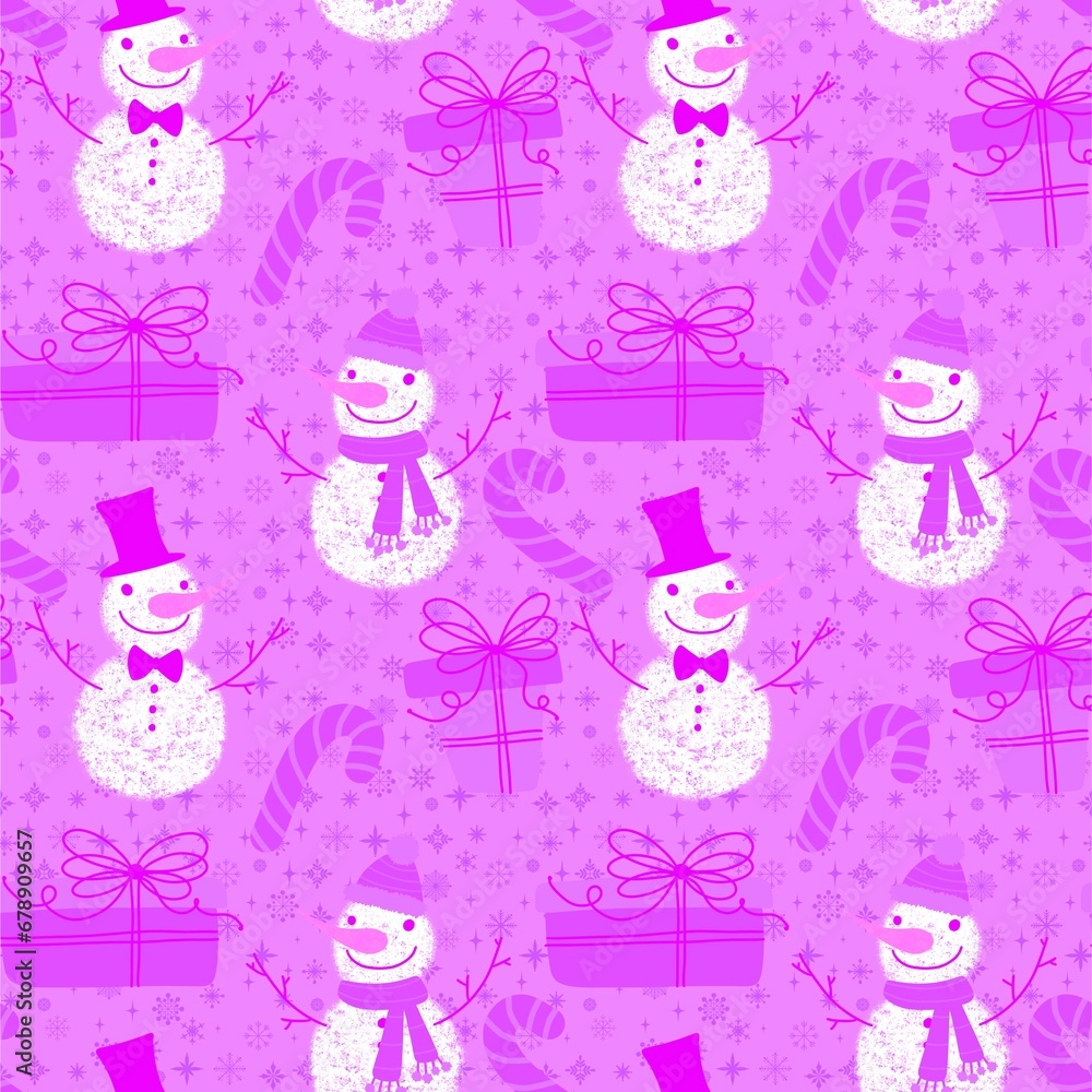 Cartoon winter ice seamless snowman and snowflakes and candy pattern for Christmas packaging and new year Cartoon winter ice seamless snowman and snowflakes and candy pattern for Christmas packaging and new year