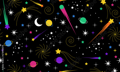 Seamless pattern with stars. Hand drawn stars texture. Night starry sky. Space universe or dark black cosmos pattern with constellation, falling meteorites, comets and twinkling stars light