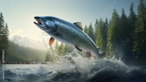 Wild Chinook Salmon Fish Jumping Out of River Water