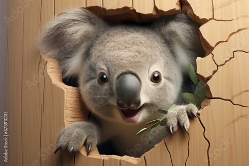 A koala bear sticking out of a hole in the wall, in the style of photorealistic renderings, lively facial expressions, shiny eyes, gerardo dottori, smilecore
created using generative Ai tools photo