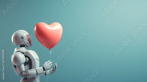 A humanoid robot holding a heart-shaped red balloon  against a mint simple background  in the spirit of Valentine s Day.