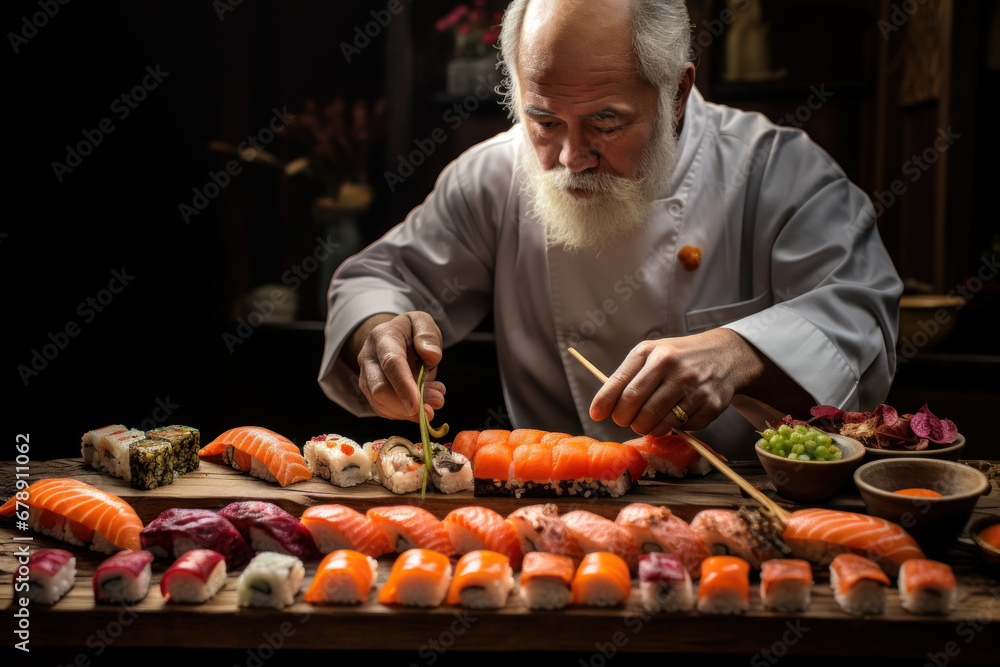 An experienced sushi chef meticulously prepares an array of sushi rolls, showcasing the precision and artistry of Japanese cuisine. Sushi chef and Japanese culinary art. Generative Ai.