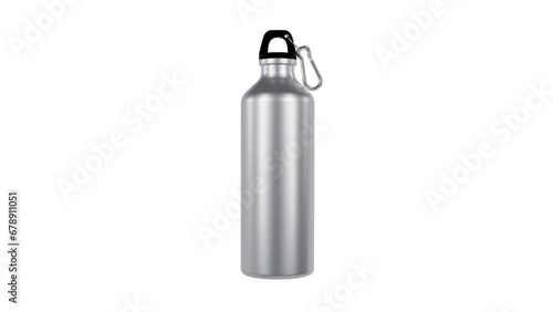 Silver metal water bottle with carabiner isolated on transparent and white background. Bottle concept. 3D render