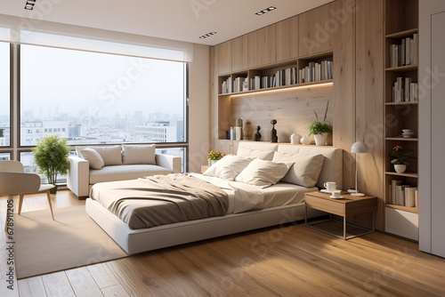 Modern style bedroom interior, home and property advertisement, real estate agency 