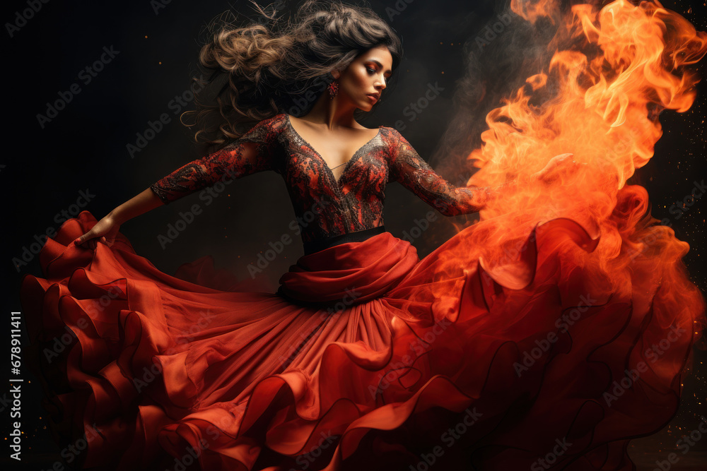 An expressive and passionate flamenco dancer captivates the audience with the fiery rhythms of their cultural dance, showcasing the artistry of Spanish traditions. Generative Ai.