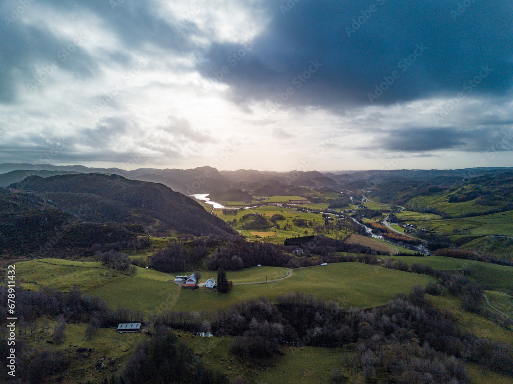 Aerial view of Norwegian landscape with mountains and city