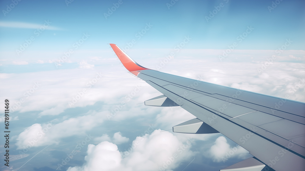 Airplane wing, scenic view from the window. Higher than clouds. Beautiful cloud, blue sky. Traveling by plane, adventure. Flight over world. Air transport. Aviation. Holiday, vacation. Generated AI Airplane wing, scenic view from the window. Higher than clouds. Beautiful cloud, blue sky. Traveling by plane, adventure. Flight over world. Air transport. Aviation. Holiday, vacation. Generated AI