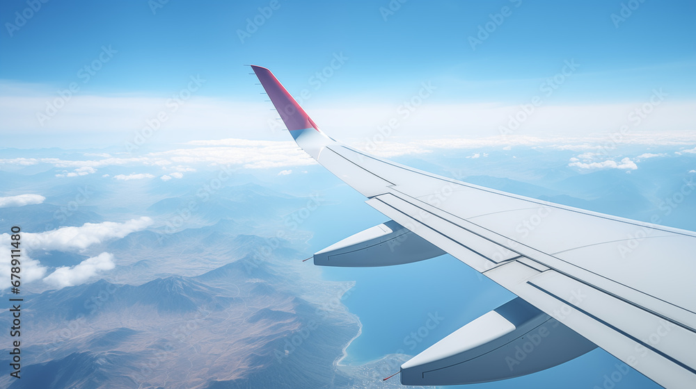 Airplane wing, scenic view from the window. Higher than clouds. Beautiful cloud, blue sky. Traveling by plane, adventure. Flight over world. Air transport. Aviation. Holiday, vacation. Generated AI