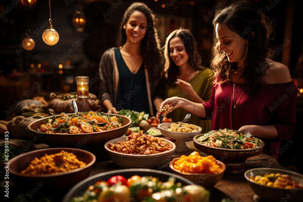 A group of friends from various cultural backgrounds come together for a global food festival, savoring dishes from around the world and cherishing culinary diversity. Generative Ai.