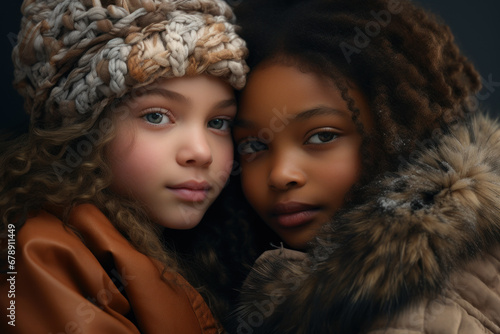 A pair of childhood friends, one with ebony skin and the other with porcelain-like complexion, share a heartfelt embrace, reflecting the beauty of friendship and diversity. Generative Ai.