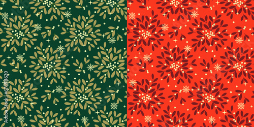 Christmas seamless pattern with decorative mistletoe branches. Wrapping paper design in two colour variations green, gold and red, gold.