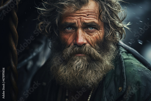 A seasoned sailor, his face weathered by the sea, embodies a lifetime of maritime adventures, showcasing the rugged beauty of a life at sea. Generative Ai.