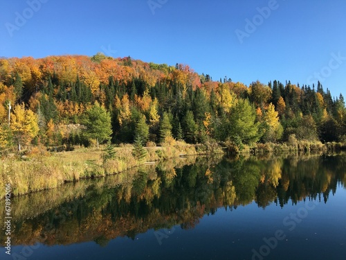Scenic View of autumn trees reflecting on the lake under blue sky